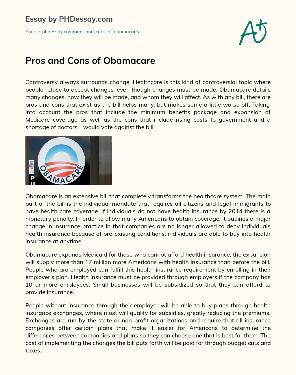 Pros and Cons of Obamacare essay