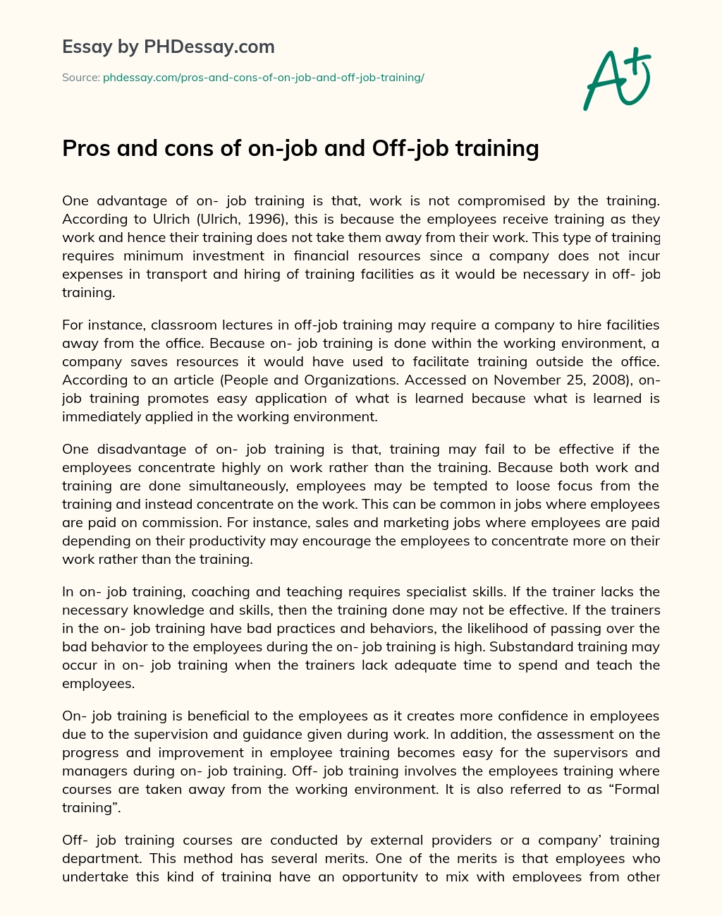 Pros and cons of on-job and Off-job training essay