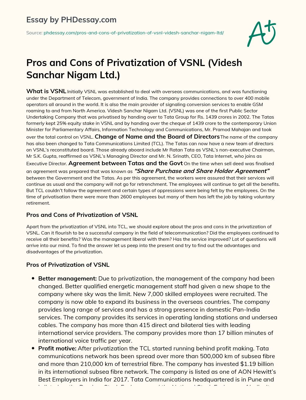 Pros and Cons of Privatization of VSNL (Videsh Sanchar Nigam Ltd.) essay