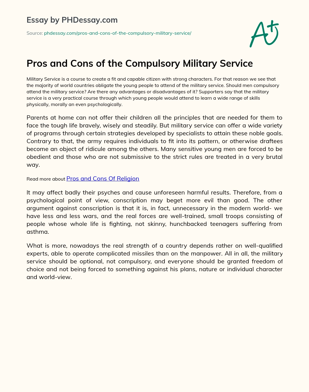 Pros and Cons of the Compulsory Military Service essay