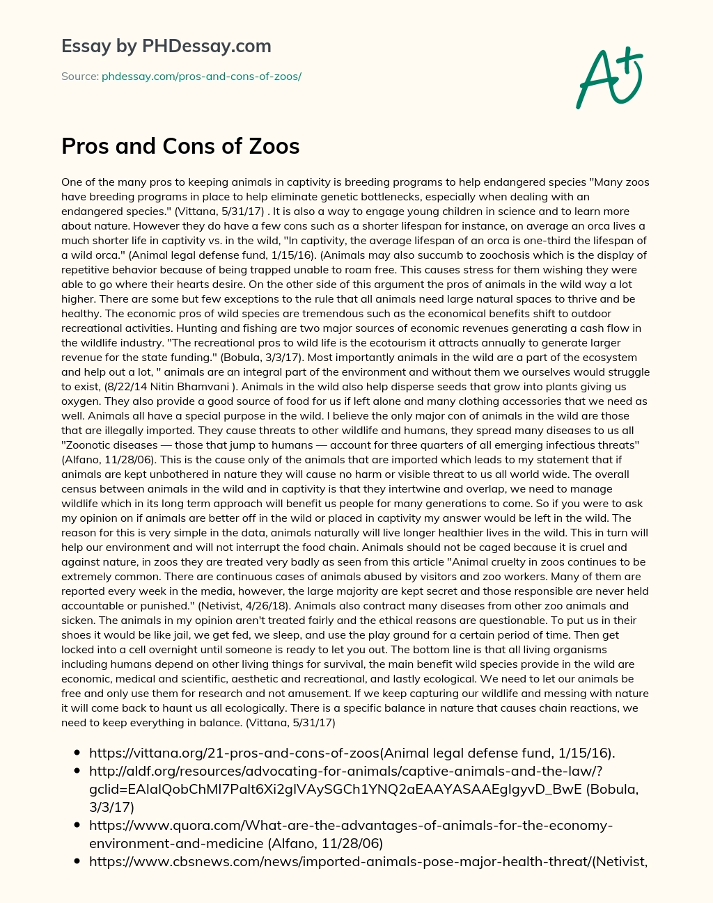 Pros And Cons Of Zoos Essay Example 