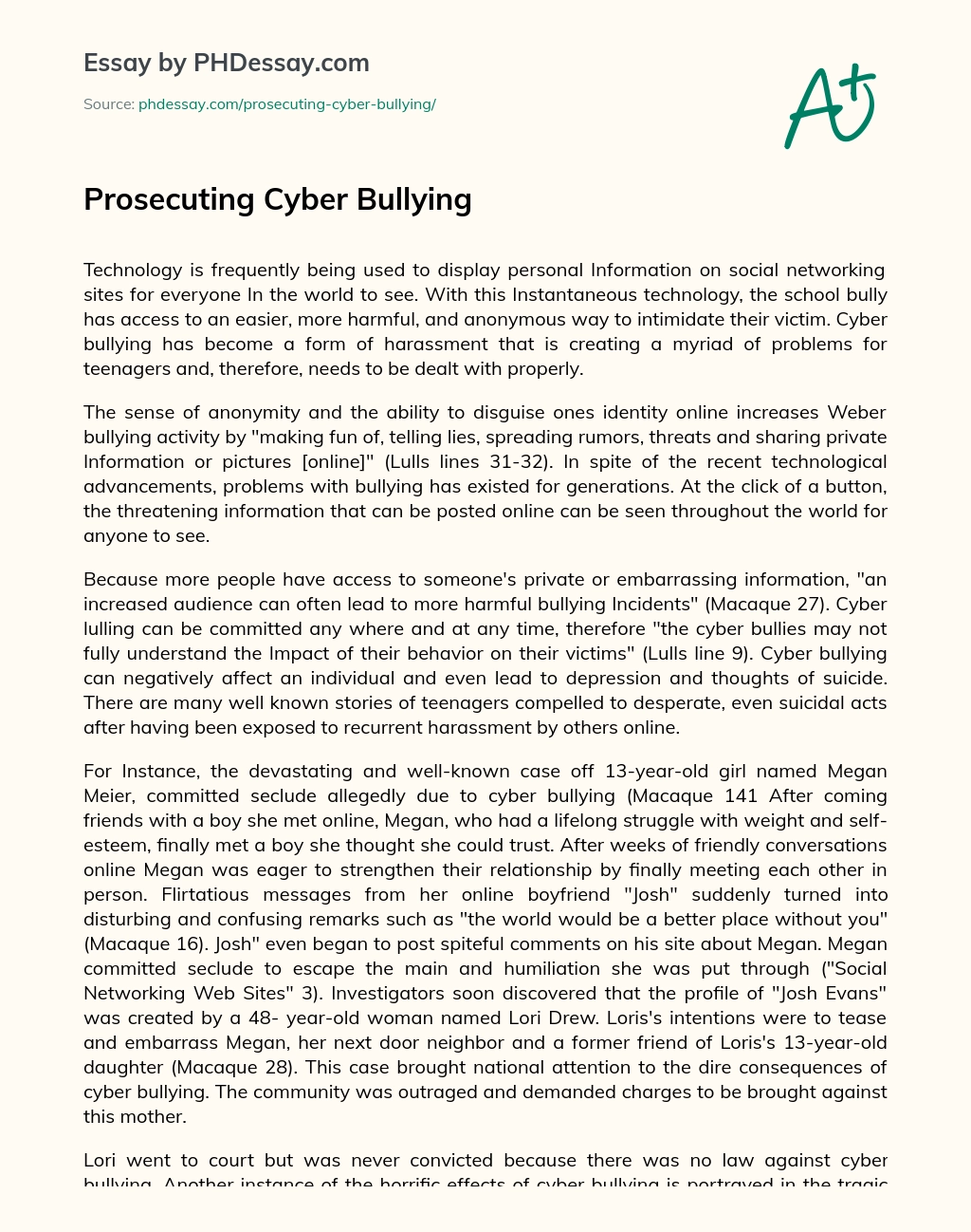 Prosecuting Cyber Bullying essay