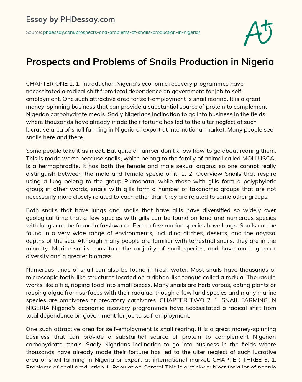 Prospects and Problems of Snails Production in Nigeria essay