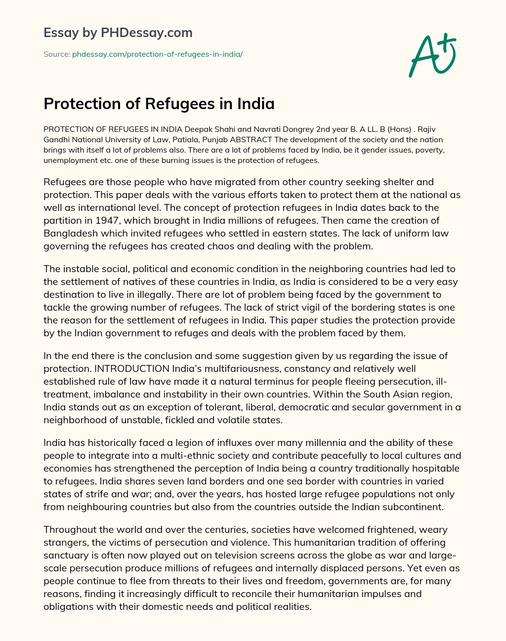 Protection of Refugees in India essay