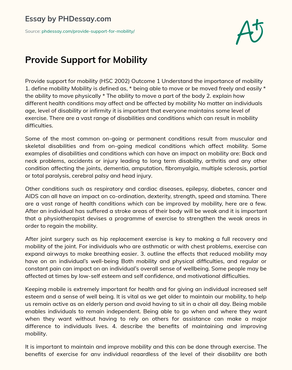 Provide Support for Mobility essay