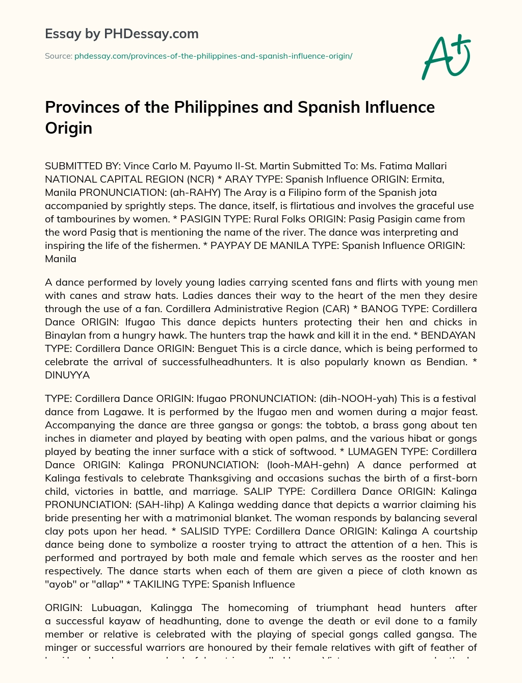 Provinces of the Philippines and Spanish Influence Origin essay