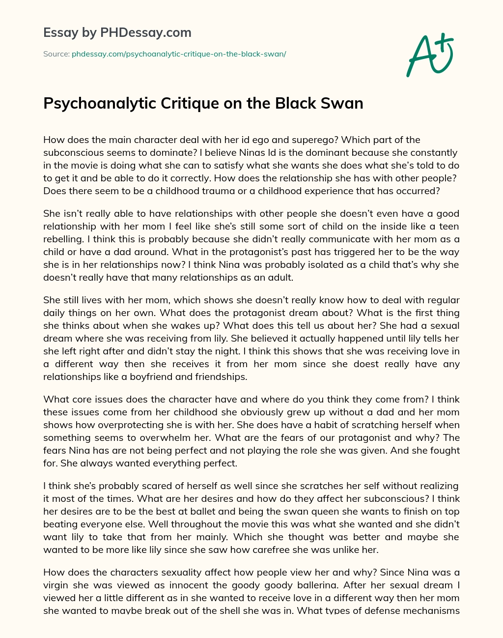 Psychoanalytic Critique on Swan - PHDessay.com