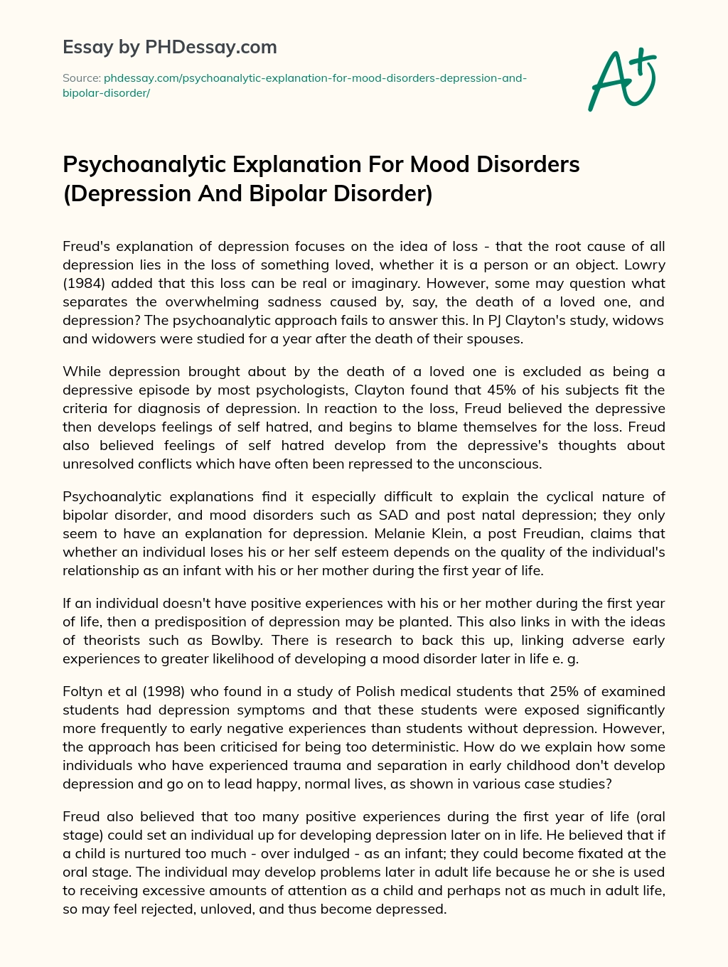 Psychoanalytic Explanation For Mood Disorders (Depression And Bipolar Disorder) essay