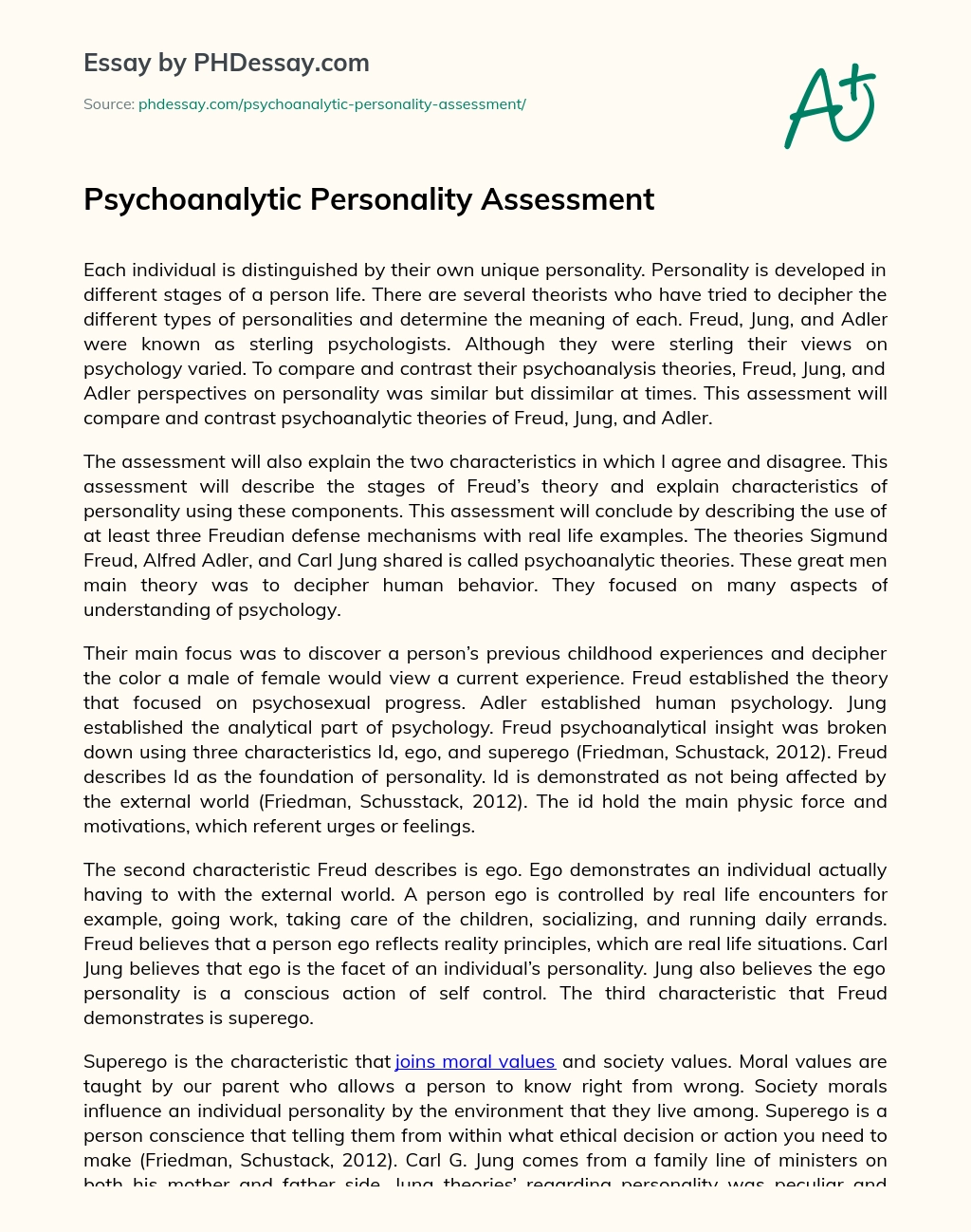 Psychoanalytic Personality Assessment essay