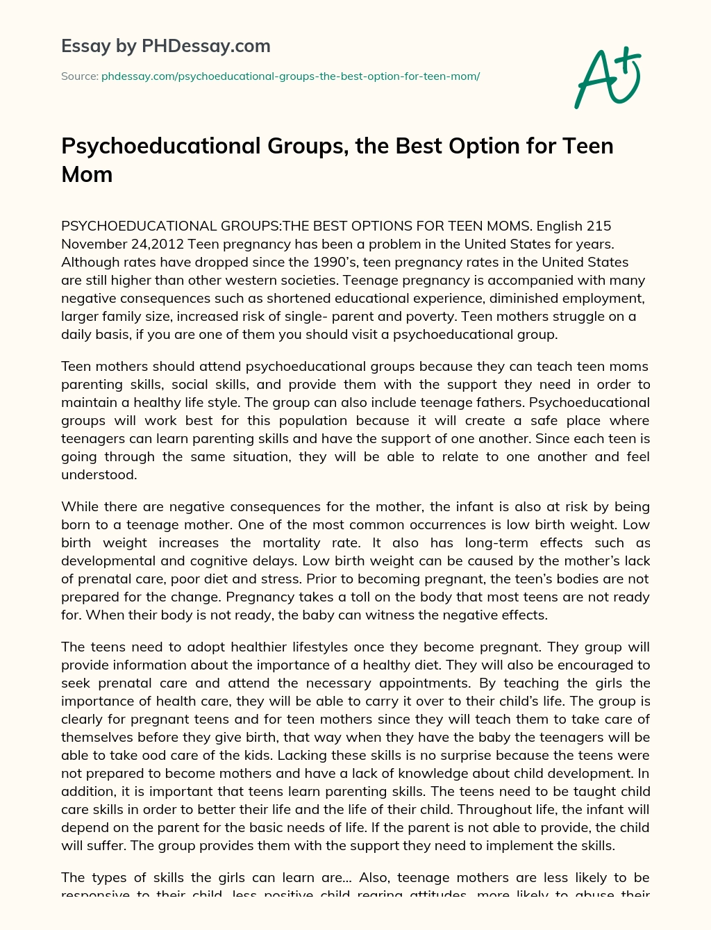 Psychoeducational Groups, the Best Option for Teen Mom essay