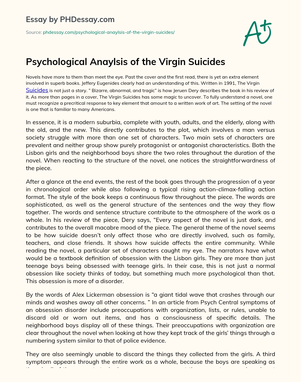 Psychological Anaylsis of the Virgin Suicides essay