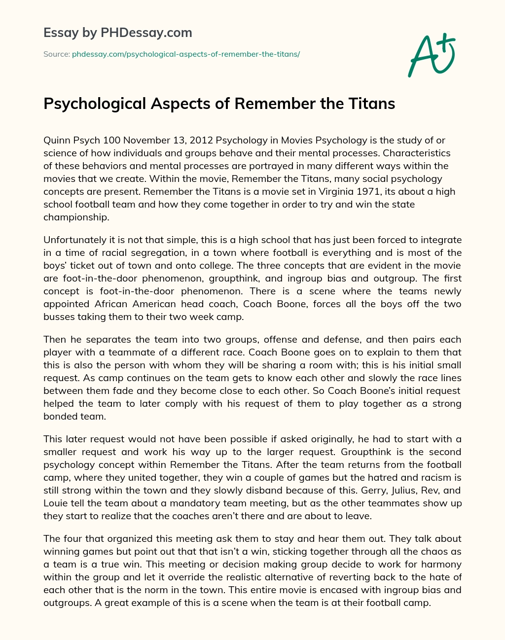 Psychological Aspects of Remember the Titans essay