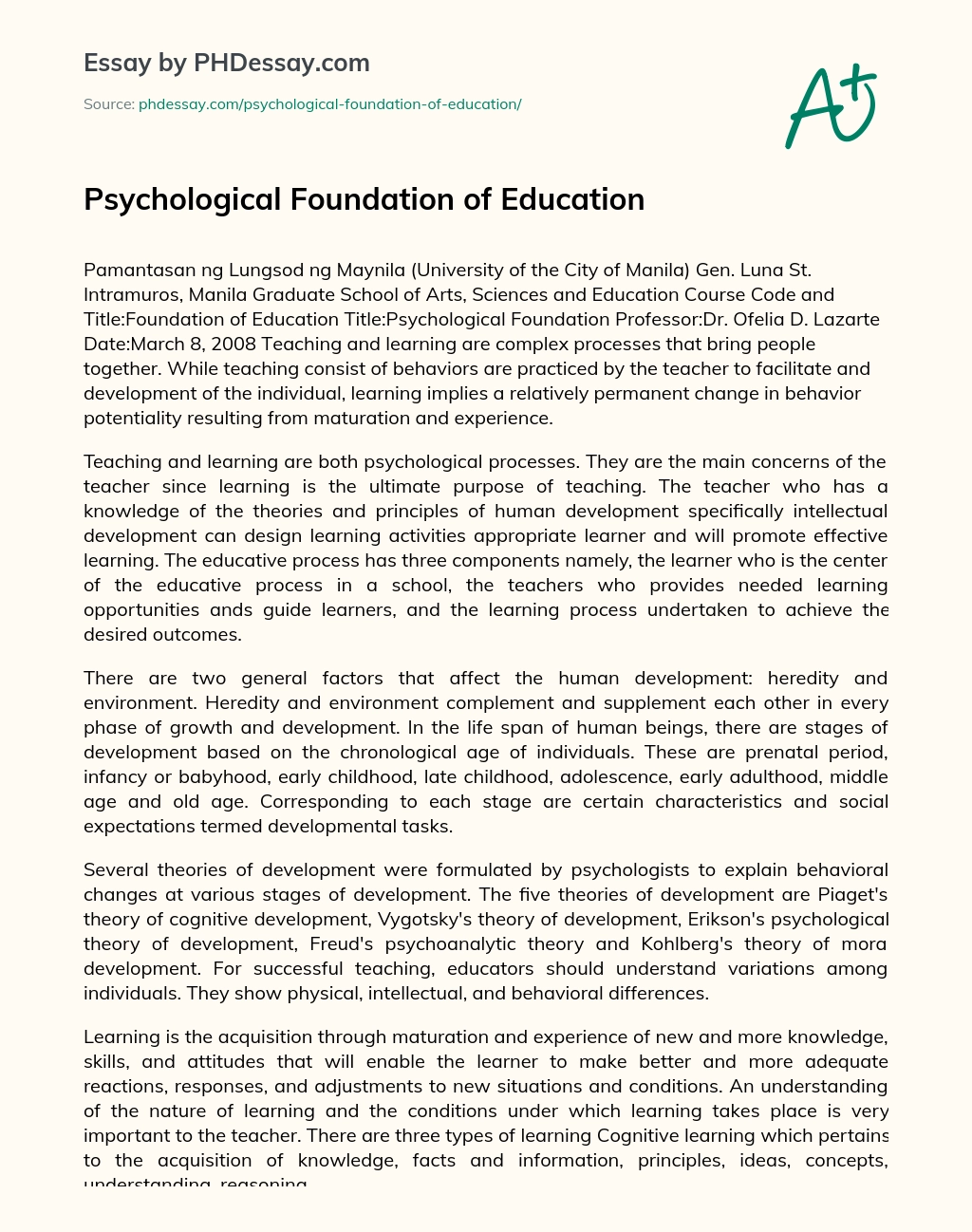Psychological Foundation of Education essay