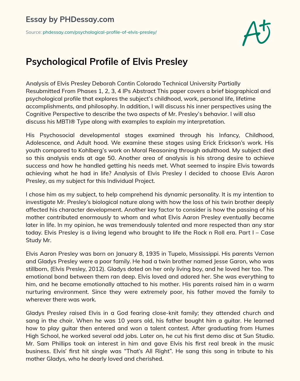 Psychological Profile of Elvis Presley essay