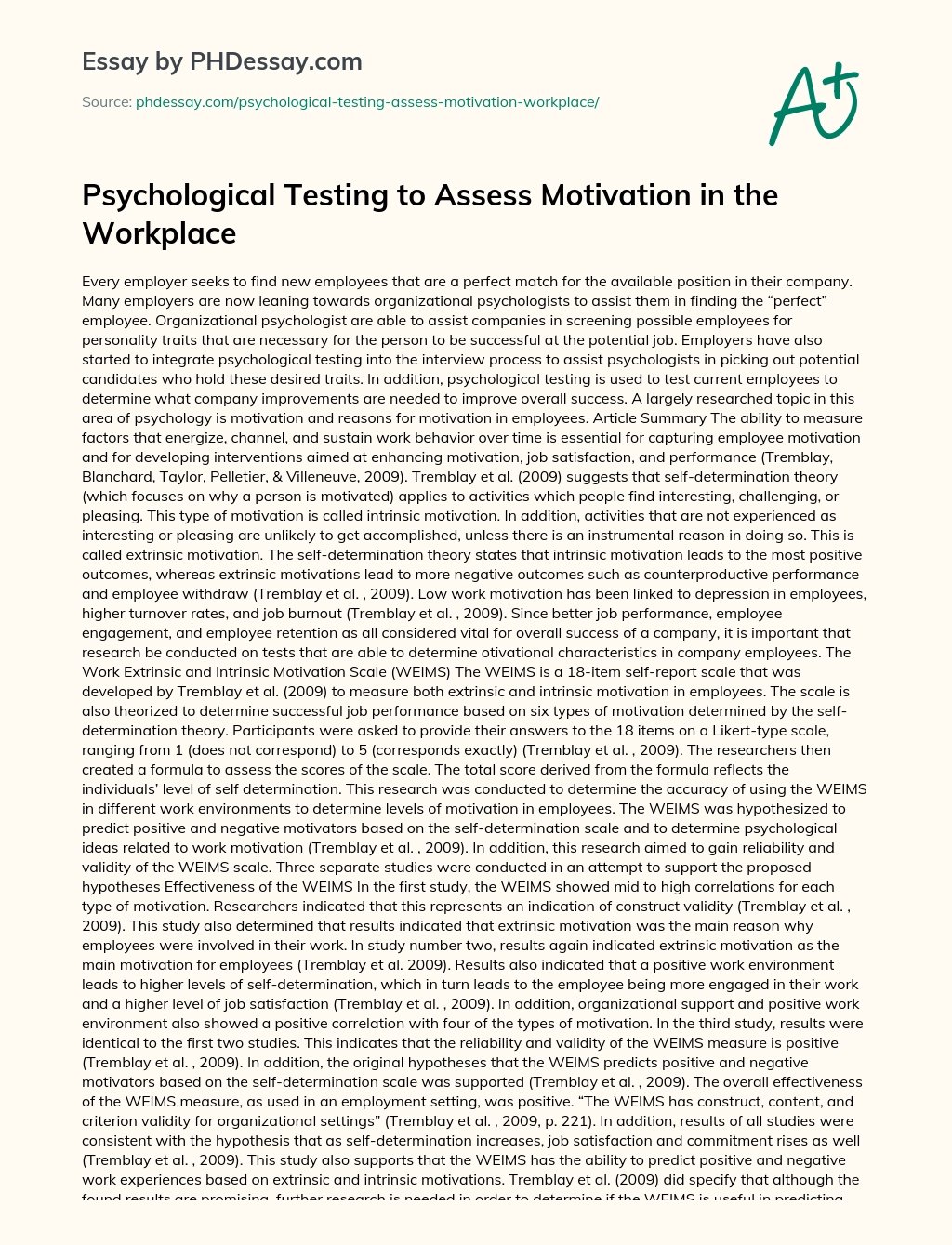Psychological Testing to Assess Motivation in the Workplace essay