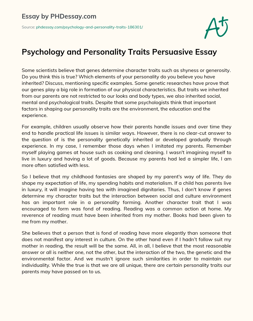 Psychology and Personality Traits Persuasive Essay essay