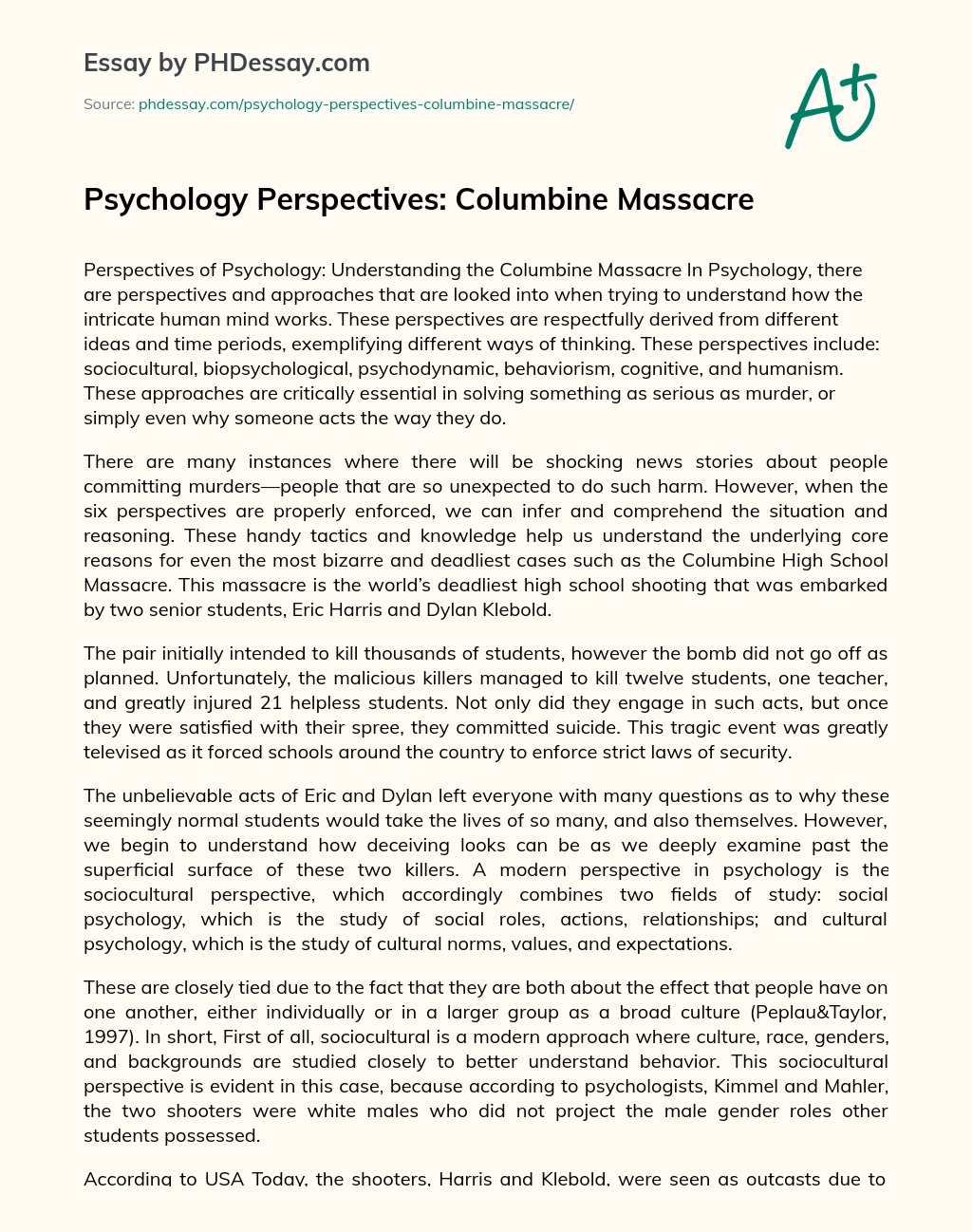Psychology Perspectives: Columbine Massacre essay