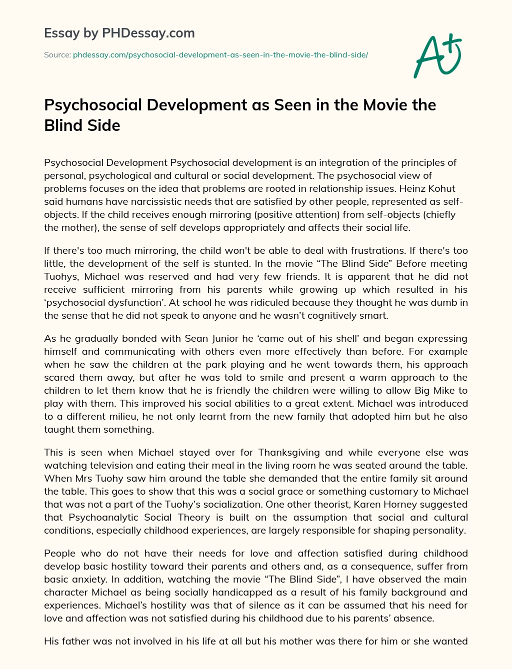 Psychosocial Development as Seen in the Movie the Blind Side essay