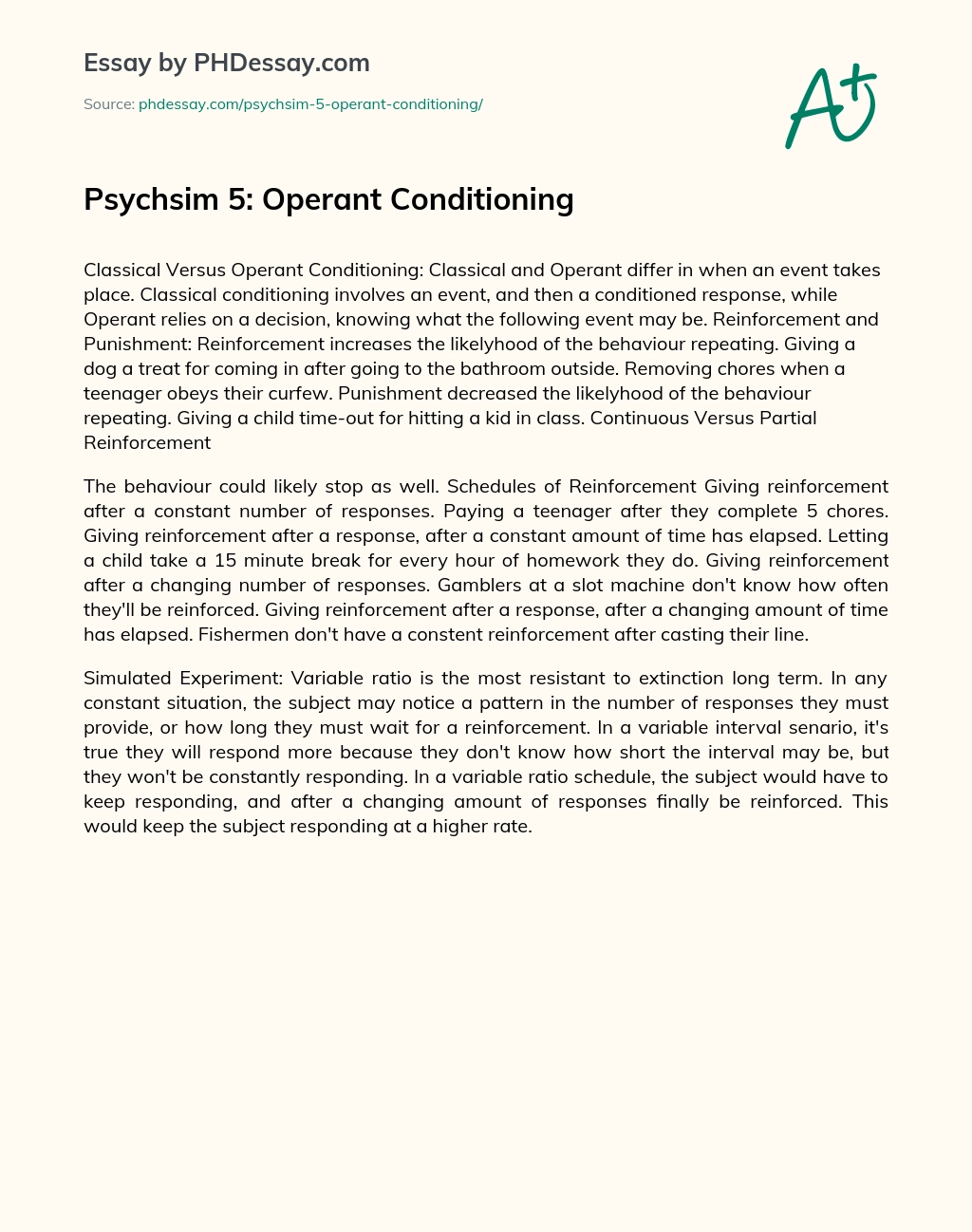 Psychsim 5: Operant Conditioning essay