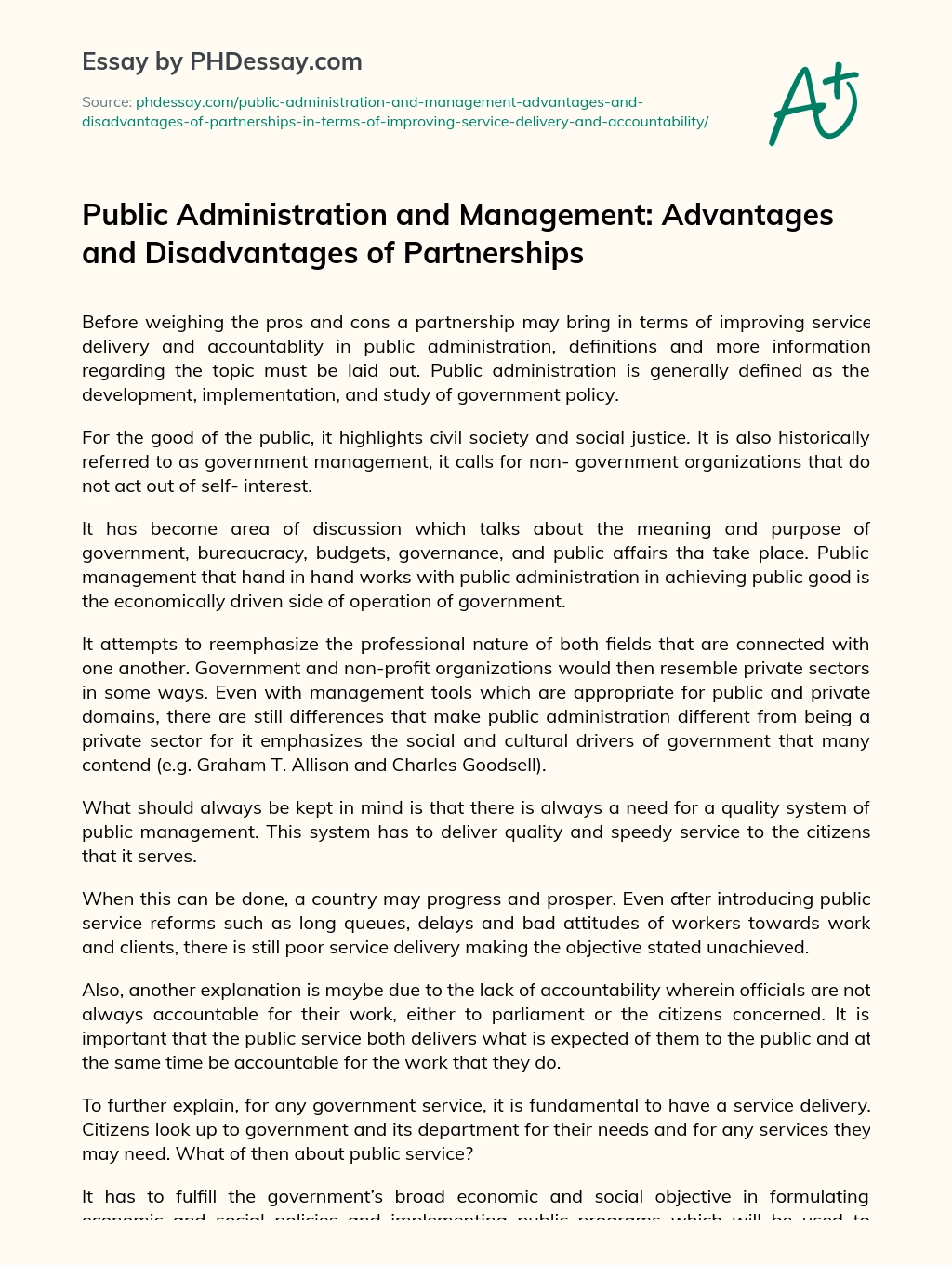Public Administration and Management: Advantages and Disadvantages of Partnerships essay