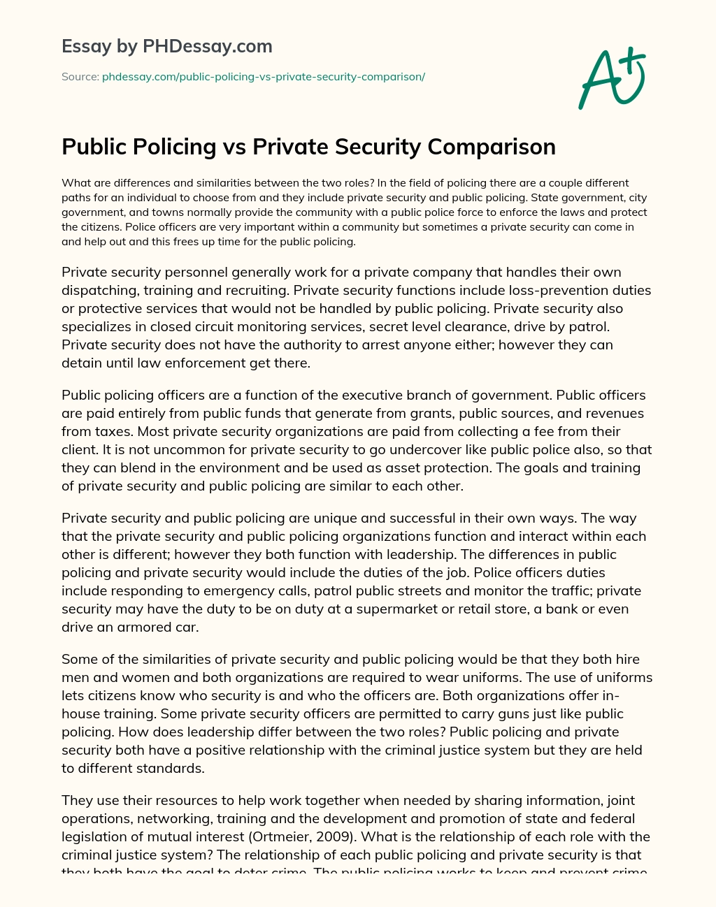 Public Policing vs Private Security Comparison essay