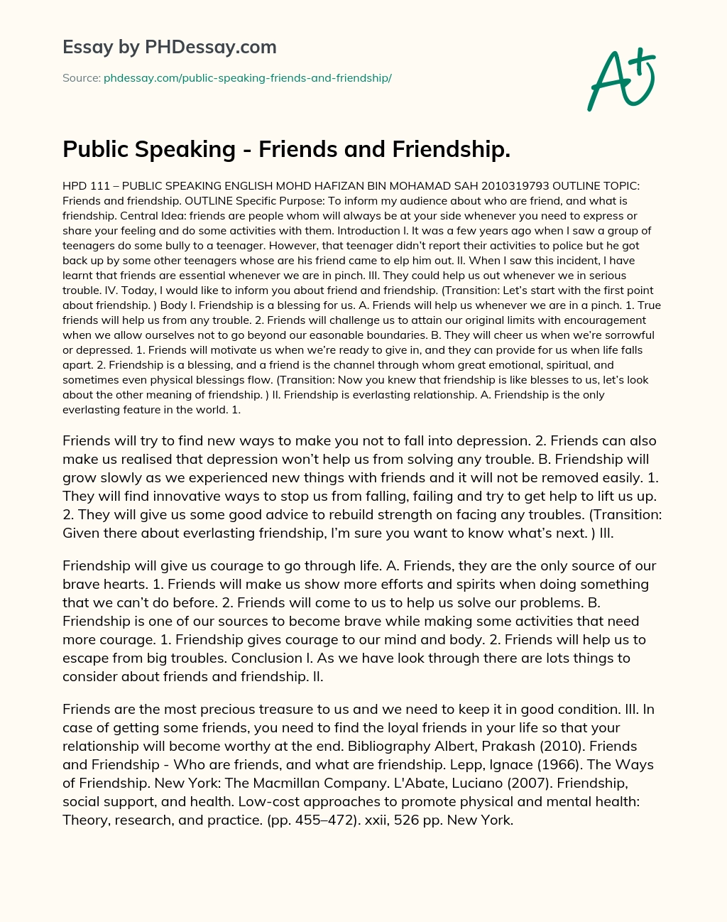 Public Speaking – Friends and Friendship. essay