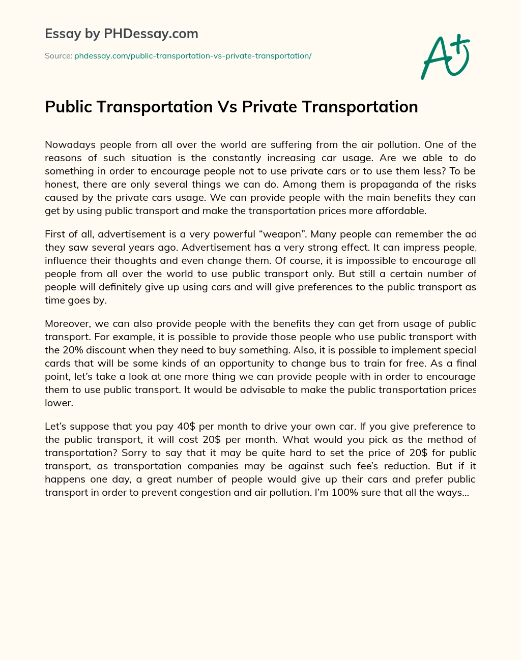 Public Transportation Vs Private Transportation essay