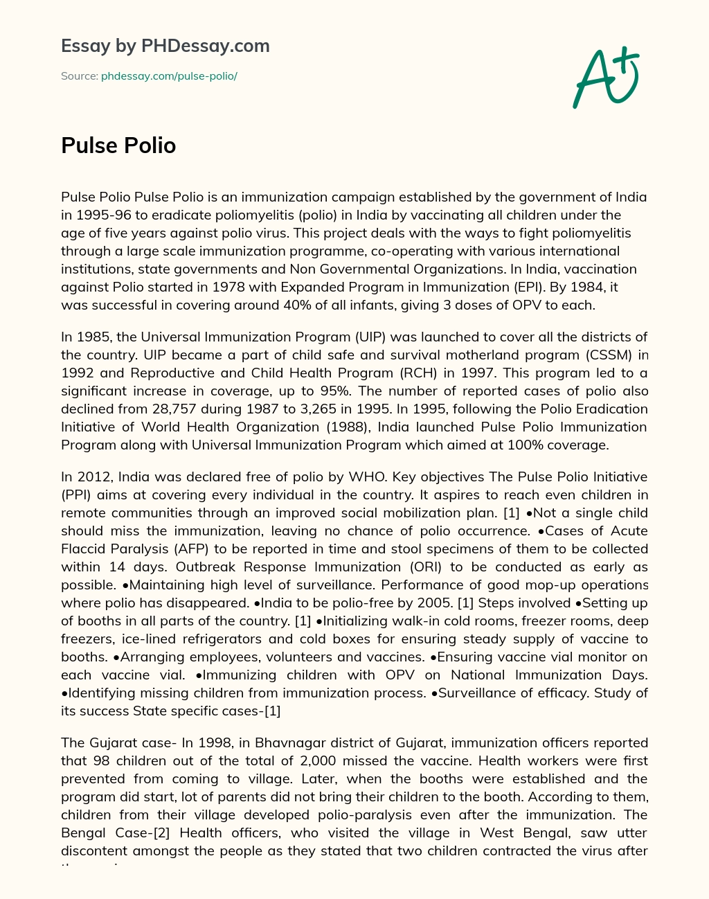 India’s Pulse Polio Campaign: Eradicating Polio Through Immunization essay