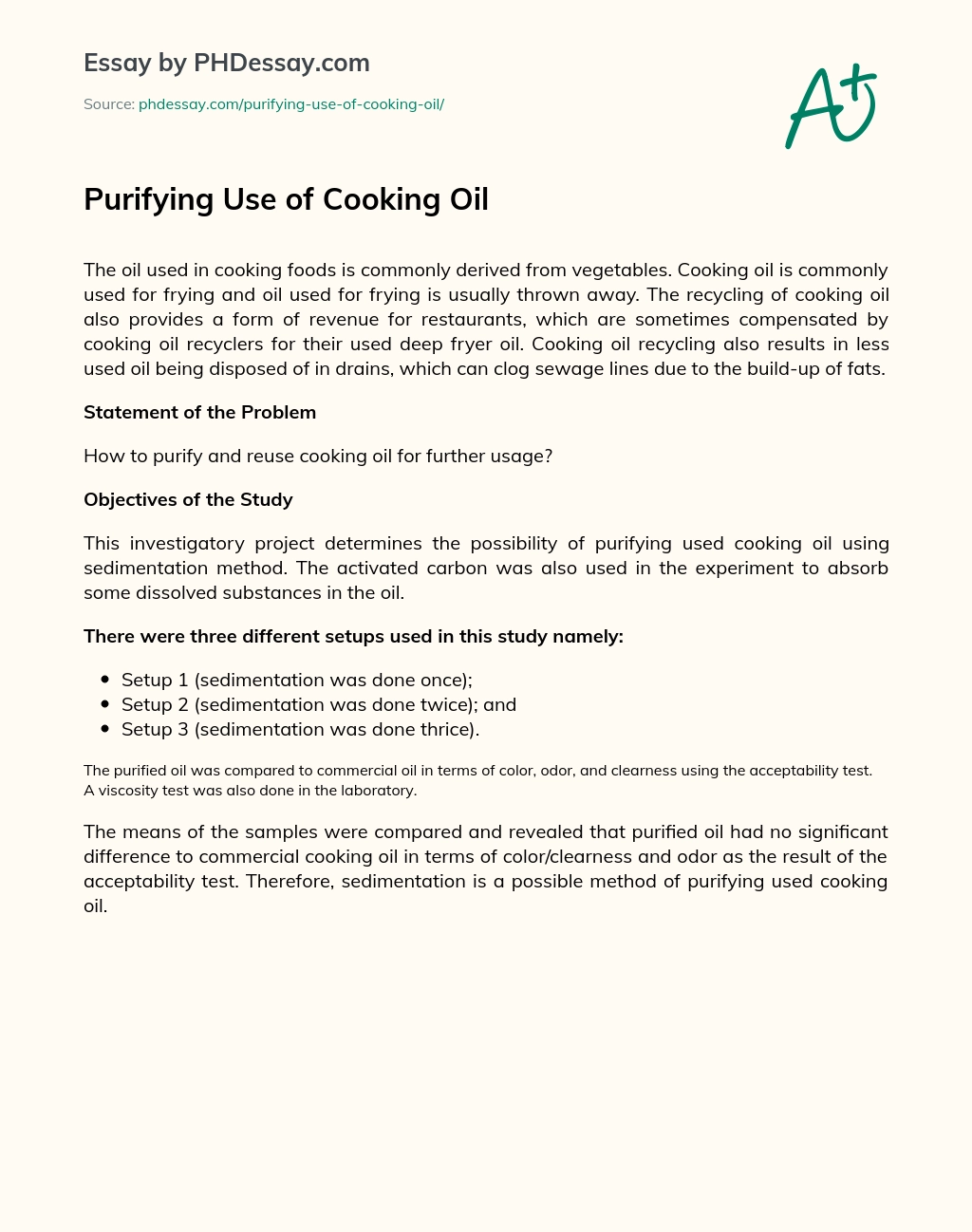 Purifying Use of Cooking Oil essay