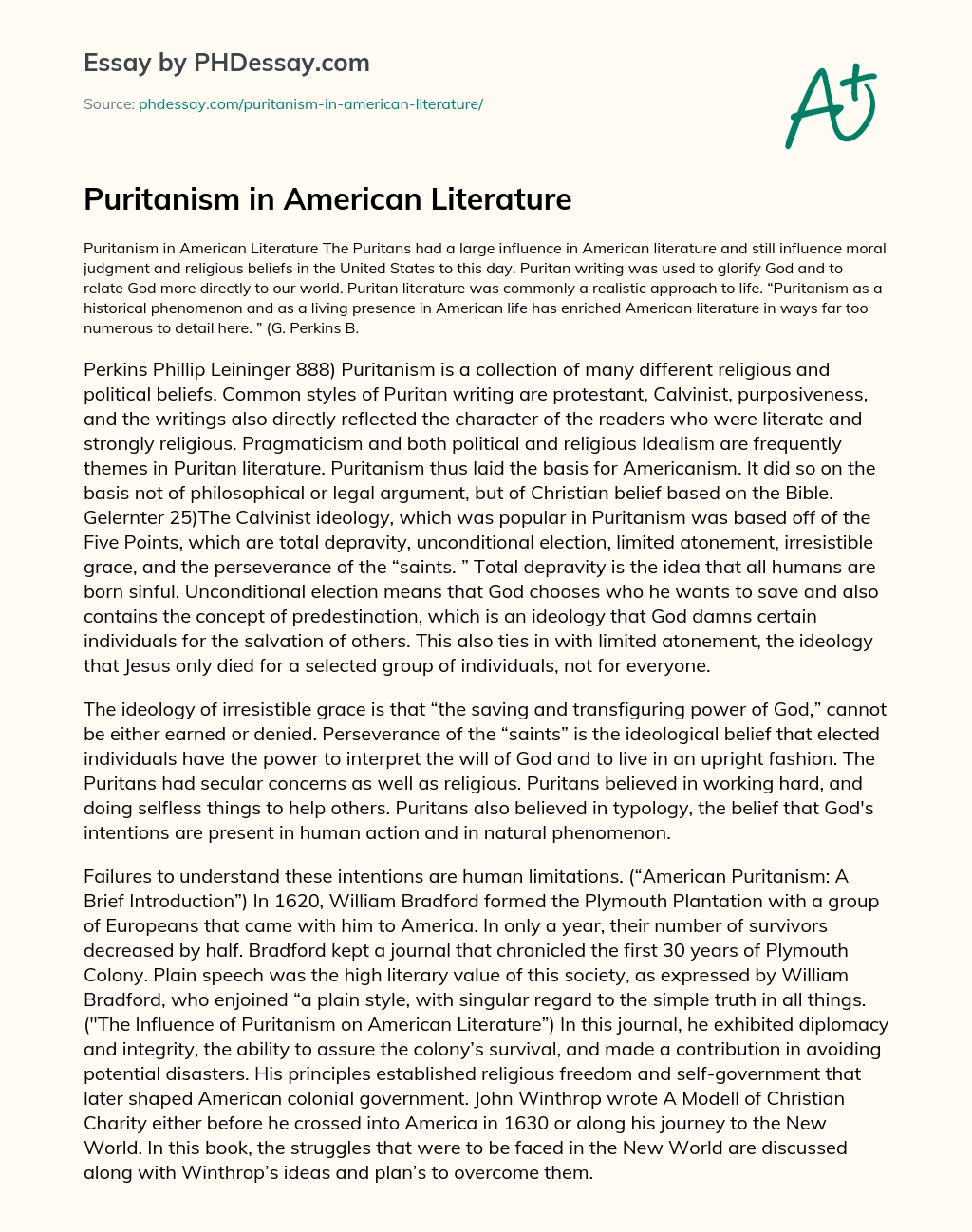Puritanism in American Literature essay