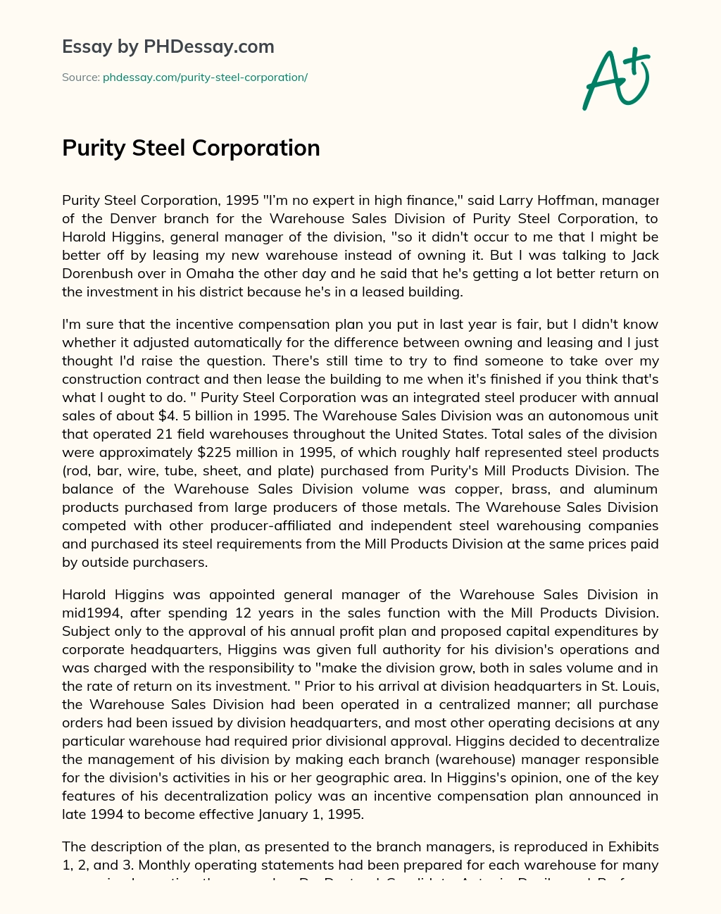 Purity Steel Corporation essay
