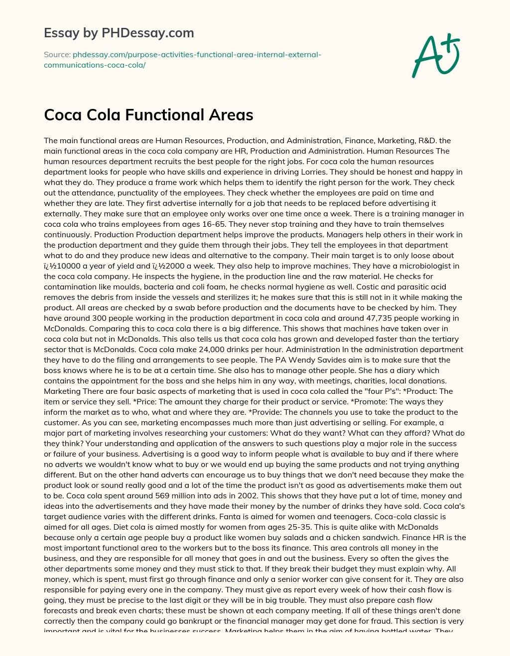 Coca Cola Functional Areas essay
