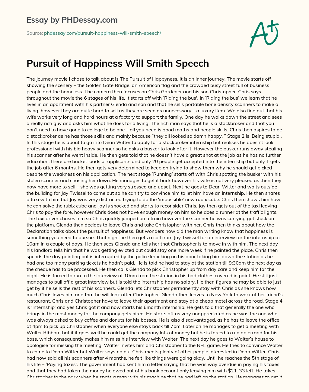 Pursuit of Happiness Will Smith Speech essay