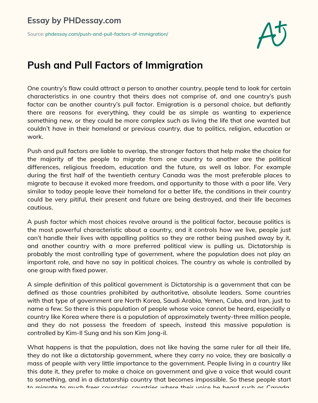 Push and Pull Factors of Immigration essay