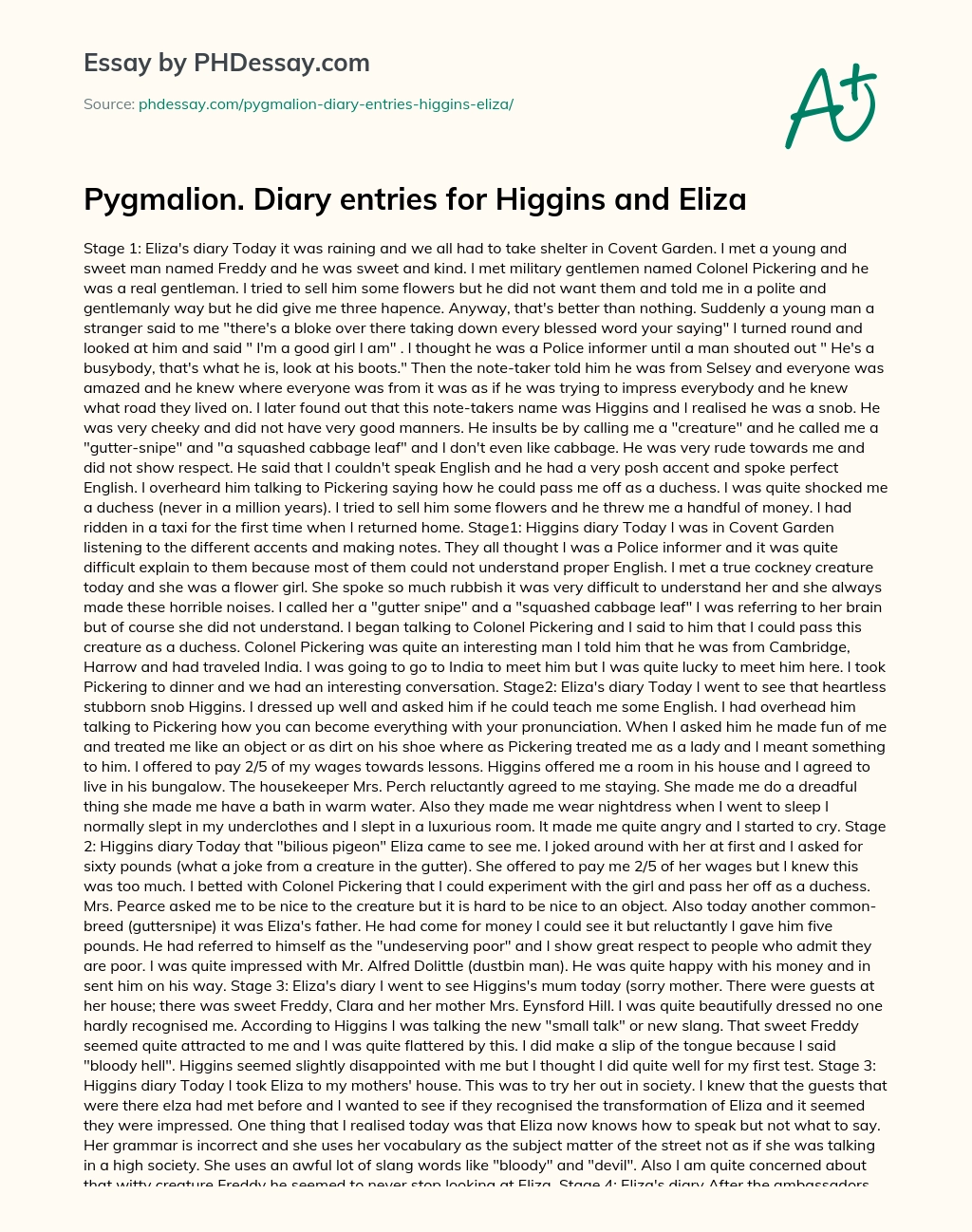 Pygmalion. Diary entries for Higgins and Eliza essay