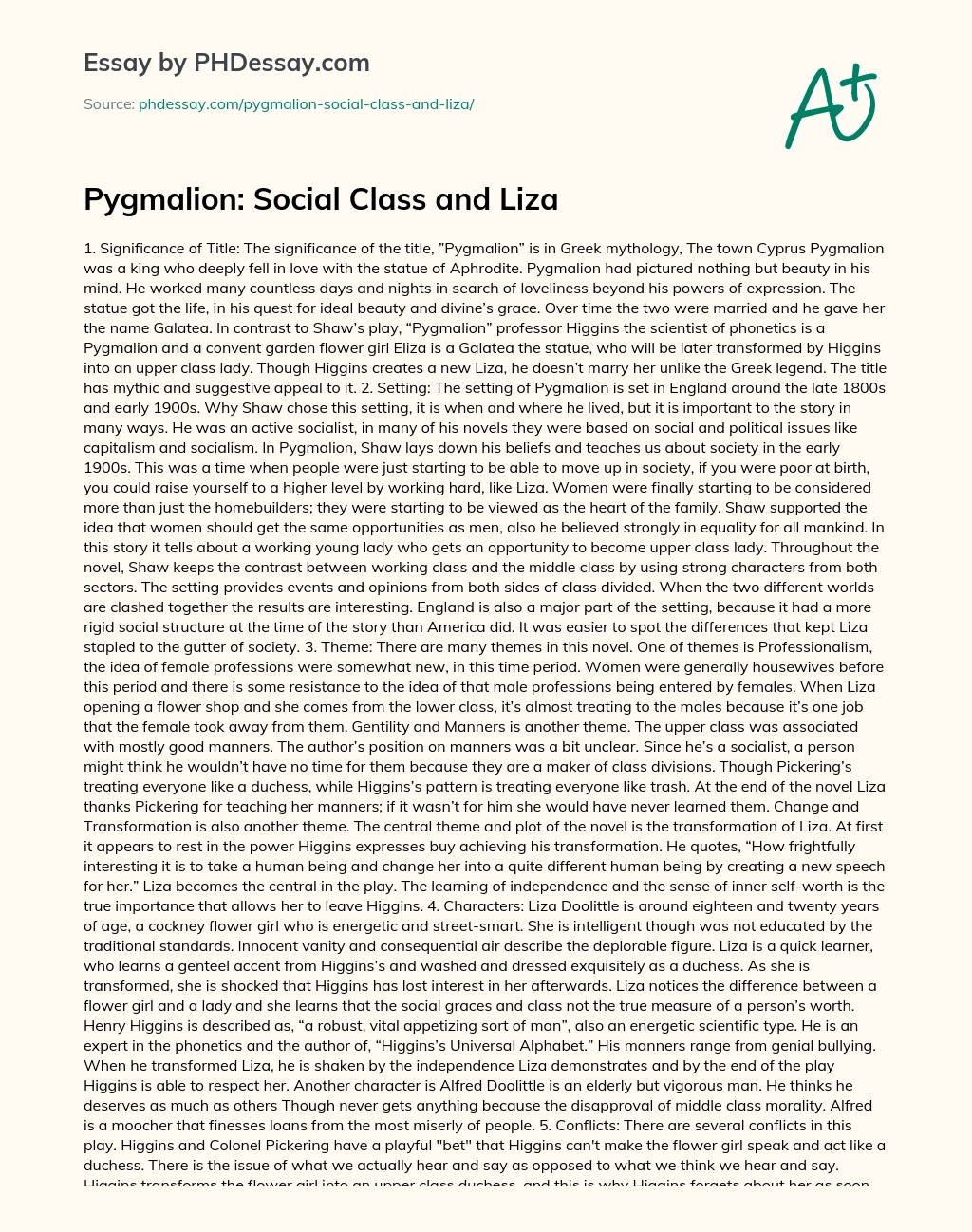 Pygmalion: Social Class and Liza essay