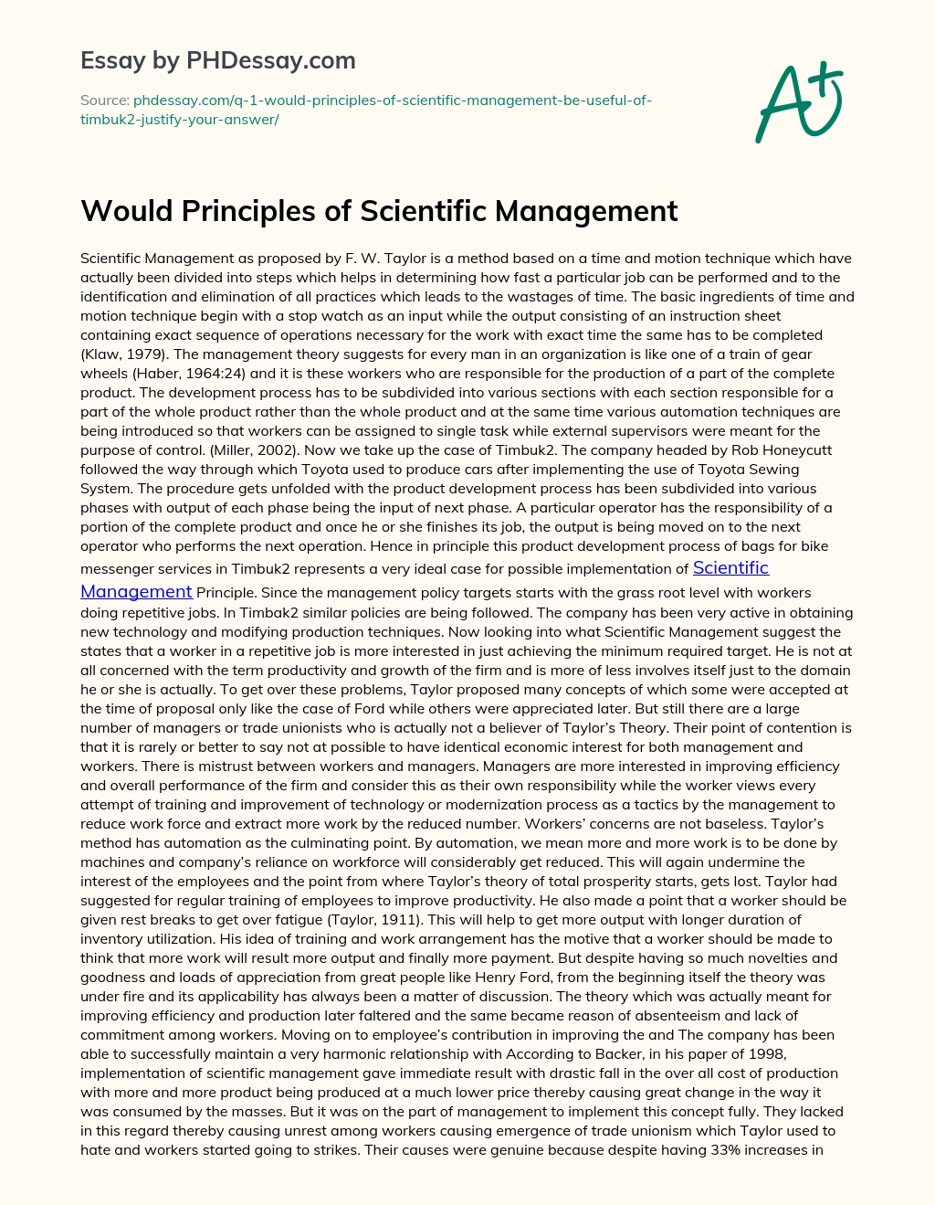 Would Principles of Scientific Management essay