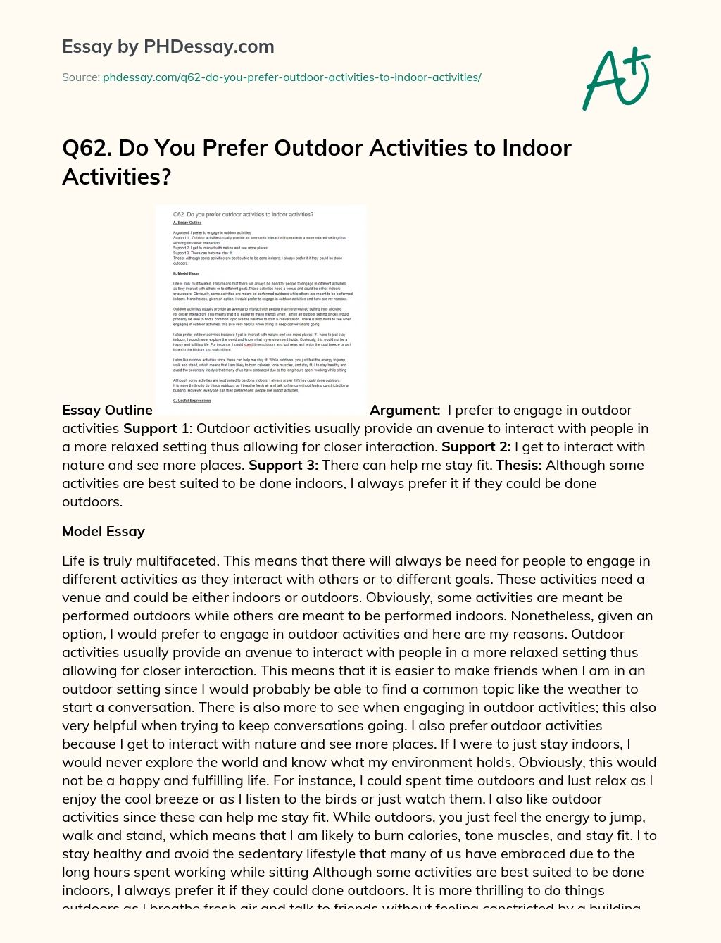 Q62. Do You Prefer Outdoor Activities to Indoor Activities? essay