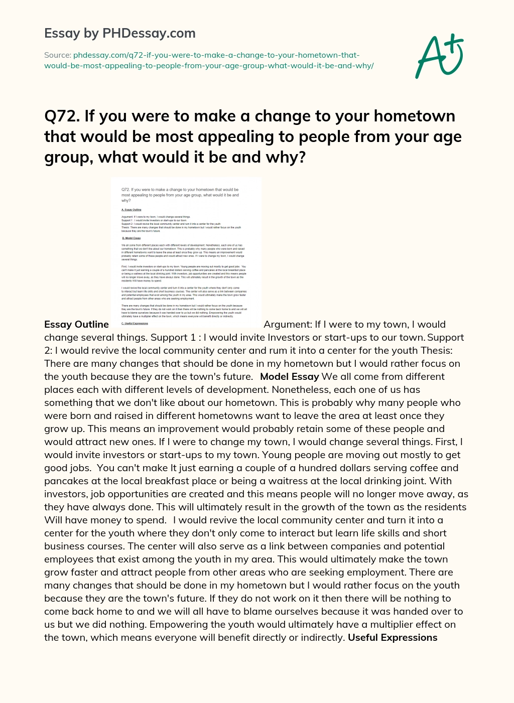Q72. If you were to make a change to your hometown that would be most appealing to people from your age group, what would it be and why? essay