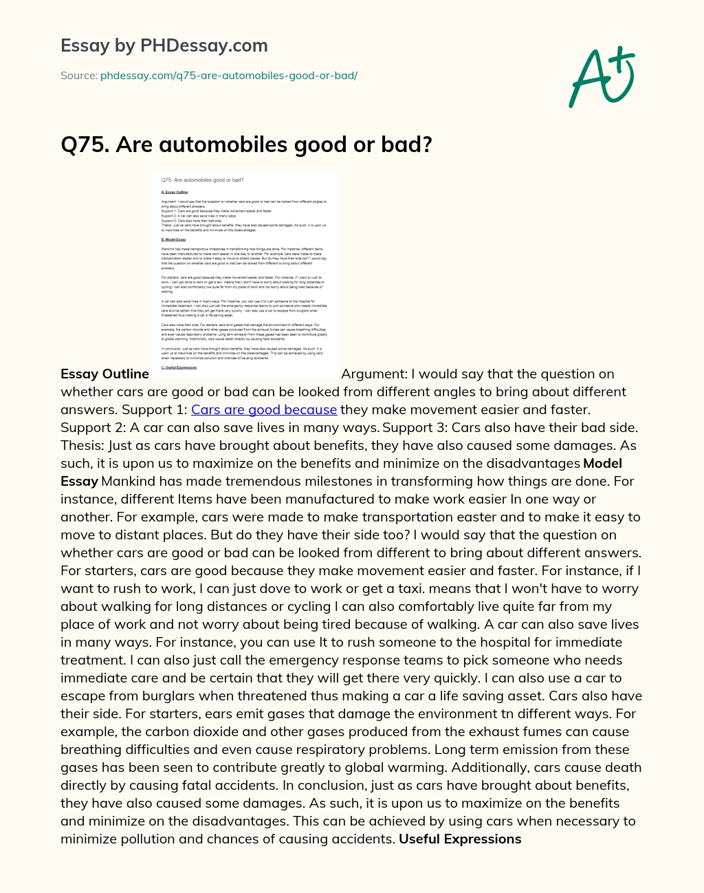 Q75. Are automobiles good or bad? essay