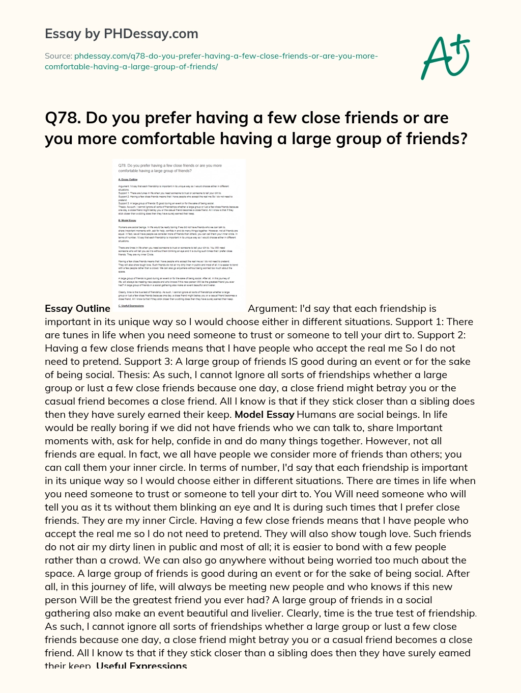 Q78. Do you prefer having a few close friends or are you more comfortable having a large group of friends? essay