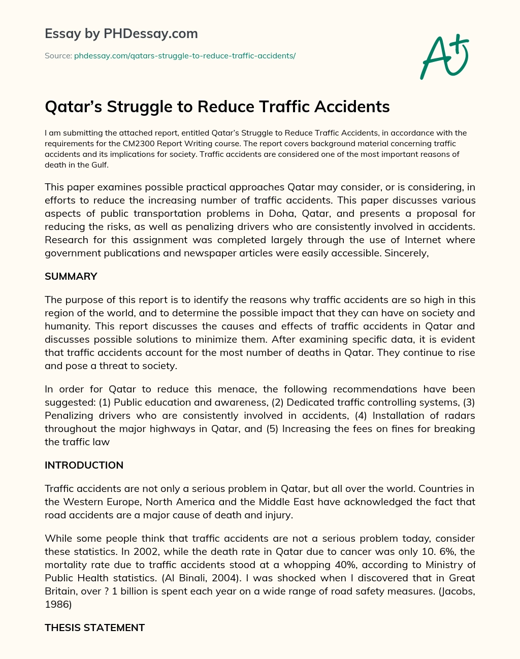 Qatar’s Struggle to Reduce Traffic Accidents essay