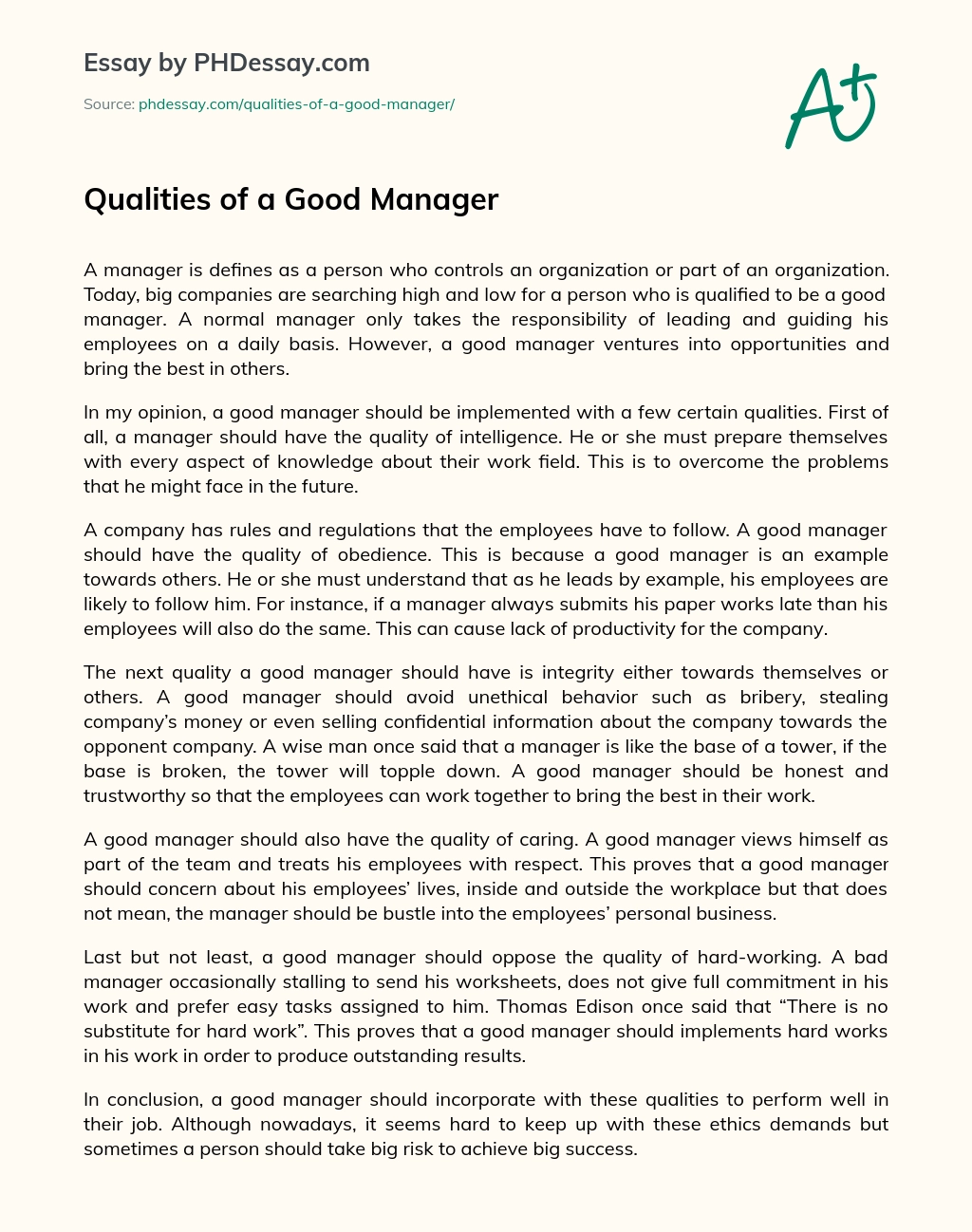 Qualities of a Good Manager essay