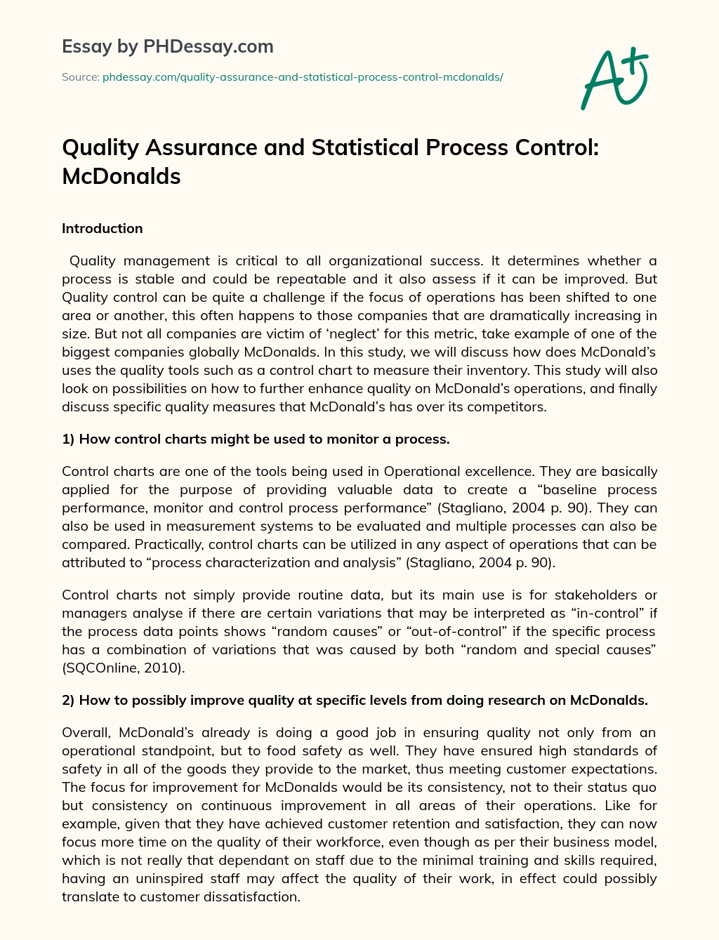 Quality Assurance and Statistical Process Control: McDonalds essay