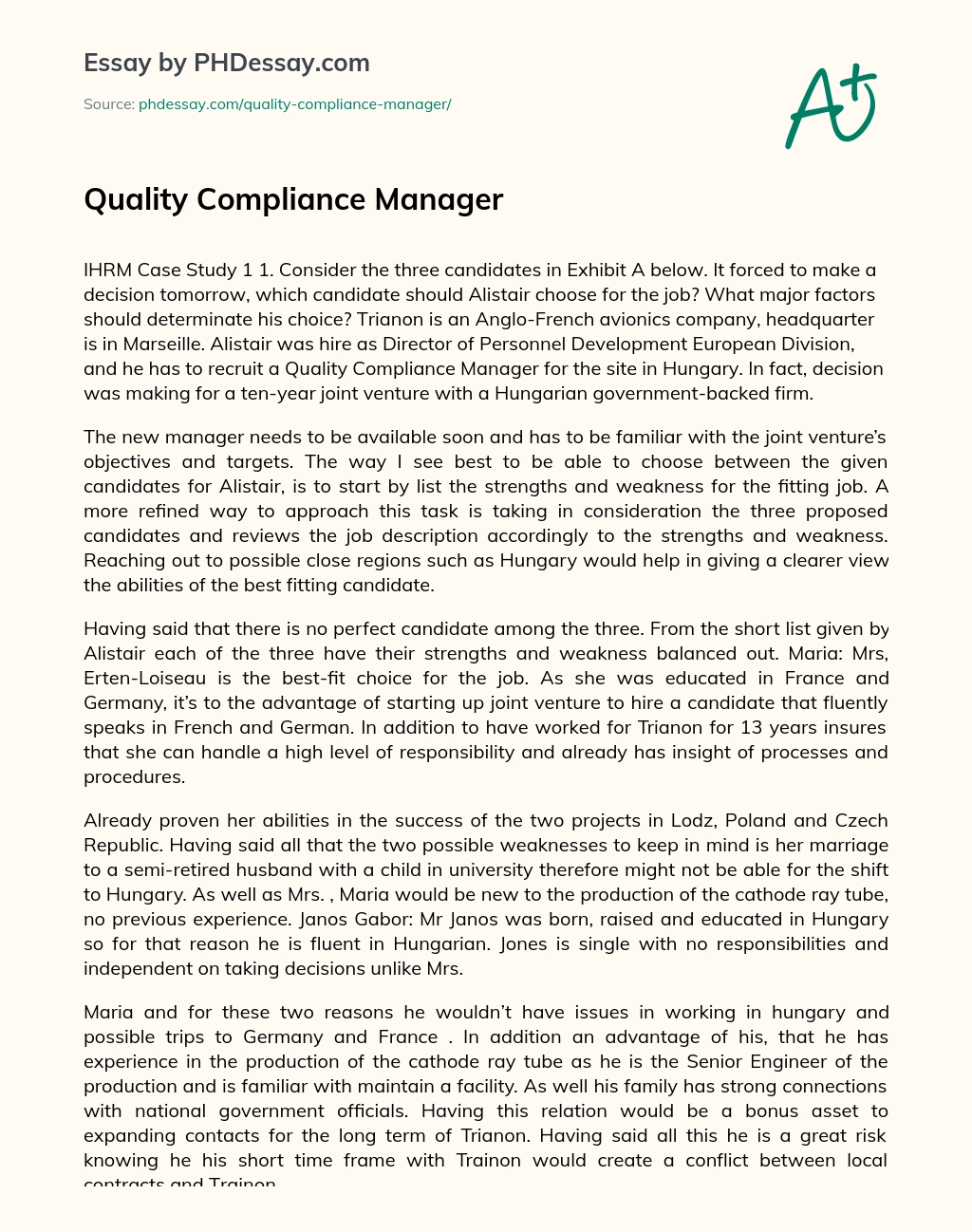 Quality Compliance Manager essay