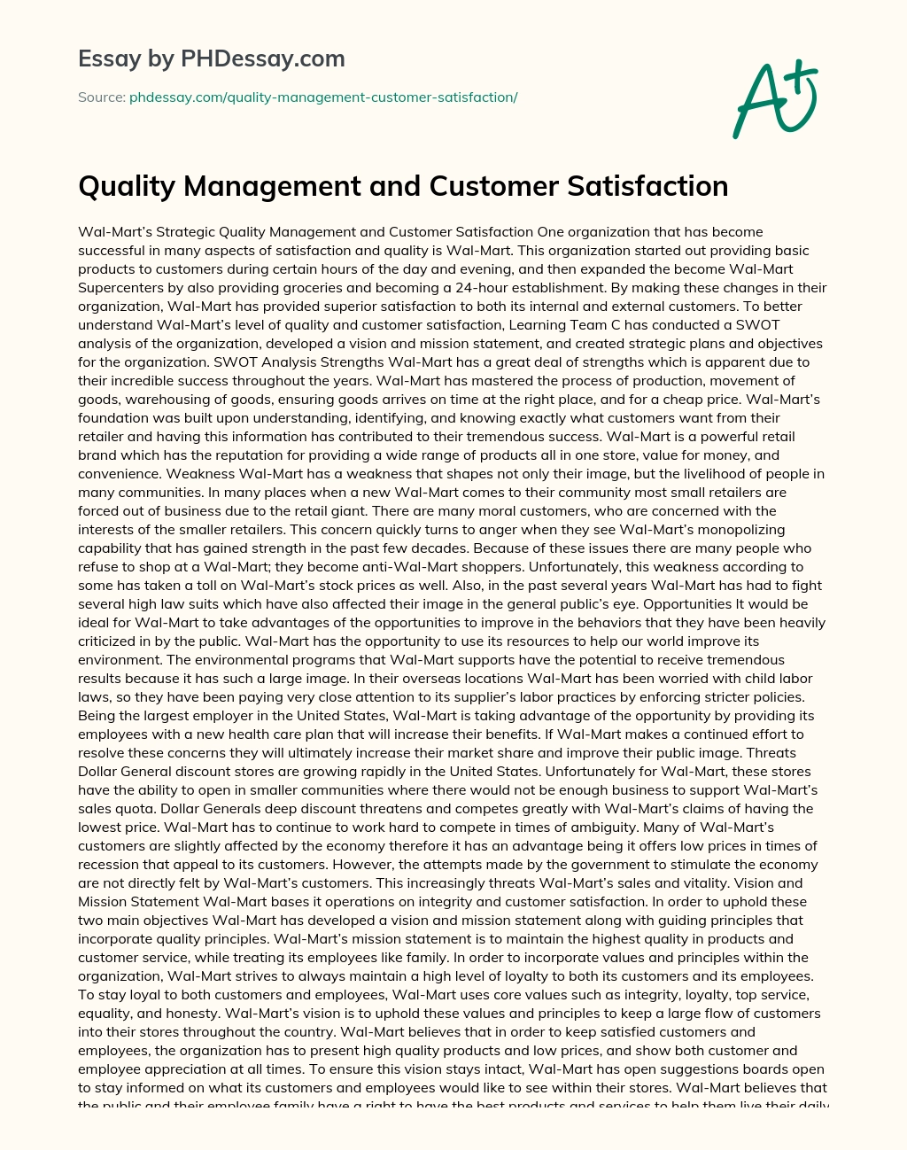Quality Management and Customer Satisfaction essay
