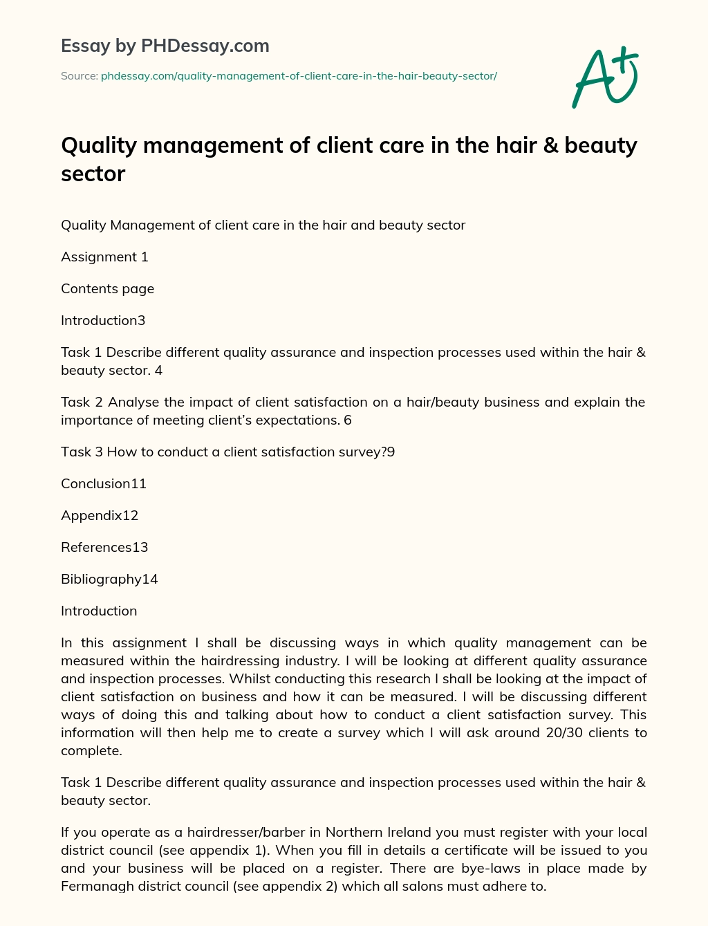 Quality management of client care in the hair & beauty sector essay
