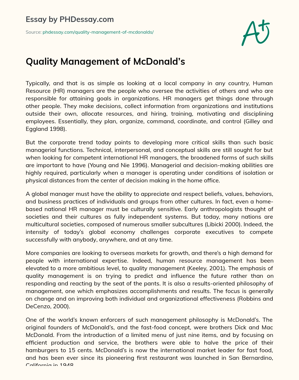 Quality Management of McDonald’s essay