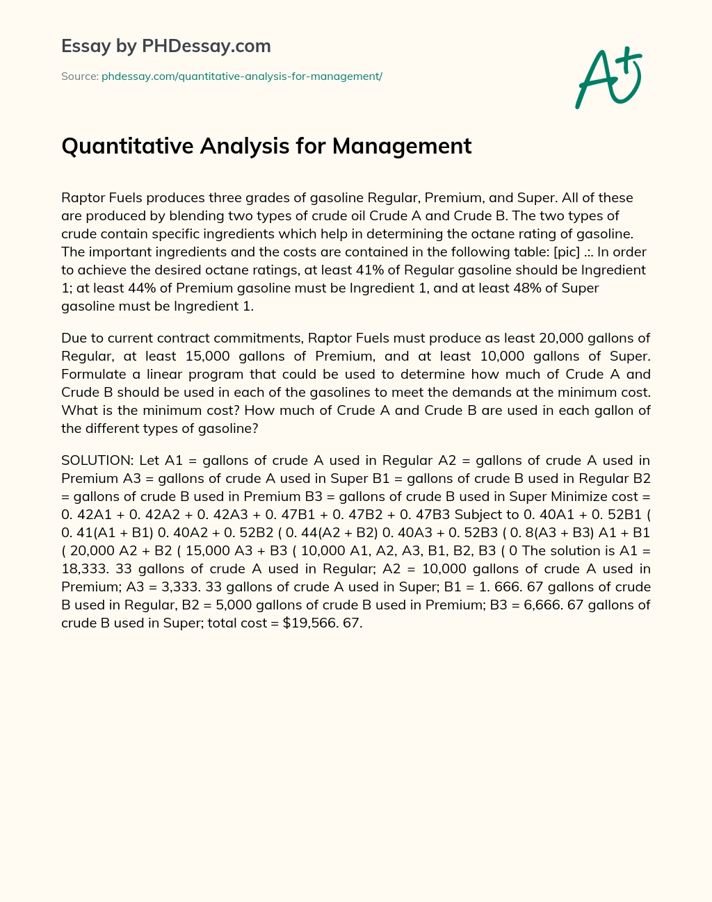 Quantitative Analysis for Management essay