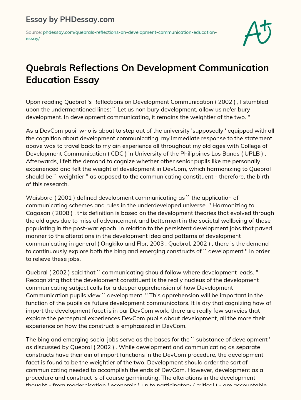 Quebrals Reflections On Development Communication Education Essay essay